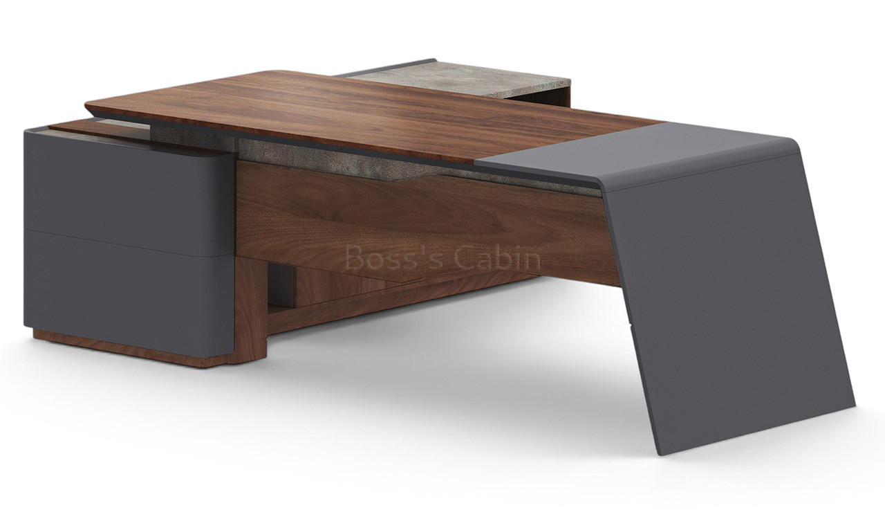 ‘Inspira’ 7 Feet Office Desk With Side Cabinet In Norica Walnut