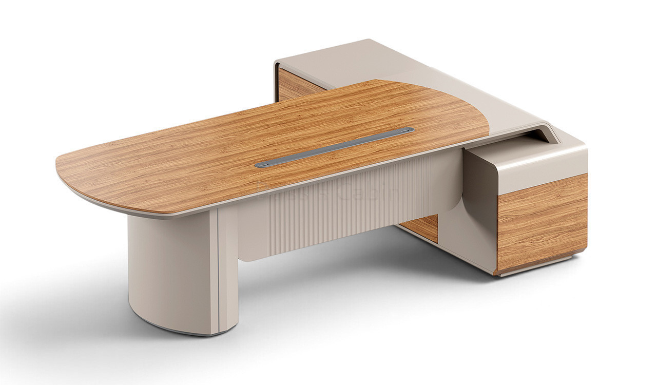 ‘Swan’ 8.5 Feet Desk In Golden Sandal Wood & Seagull Gray