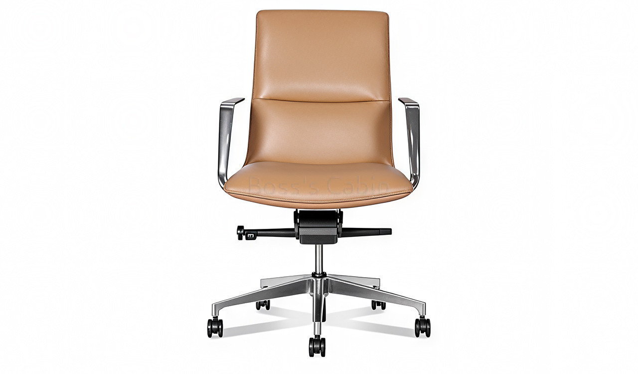 ‘Aulenti’ Mid Back Chair In Brown Leather With Aluminum Arms