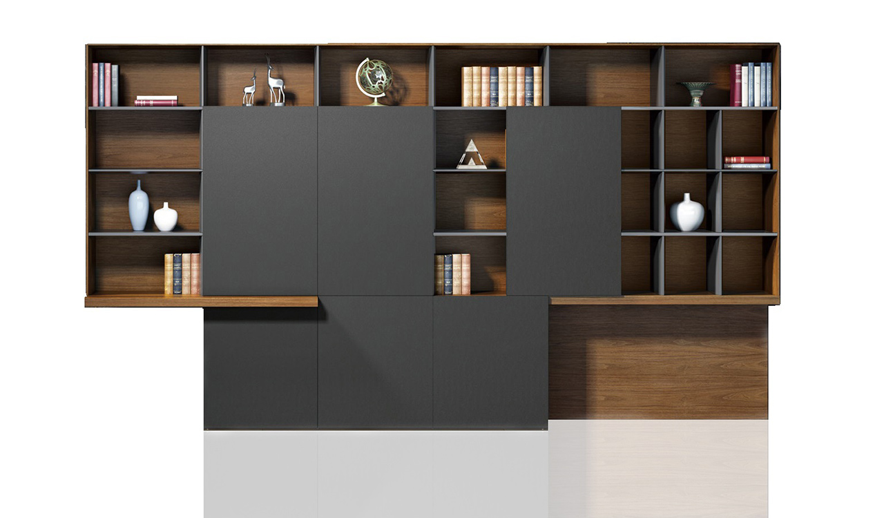 ‘Aulenti’ 13 Ft Display Cabinet In Walnut Veneer & Leather