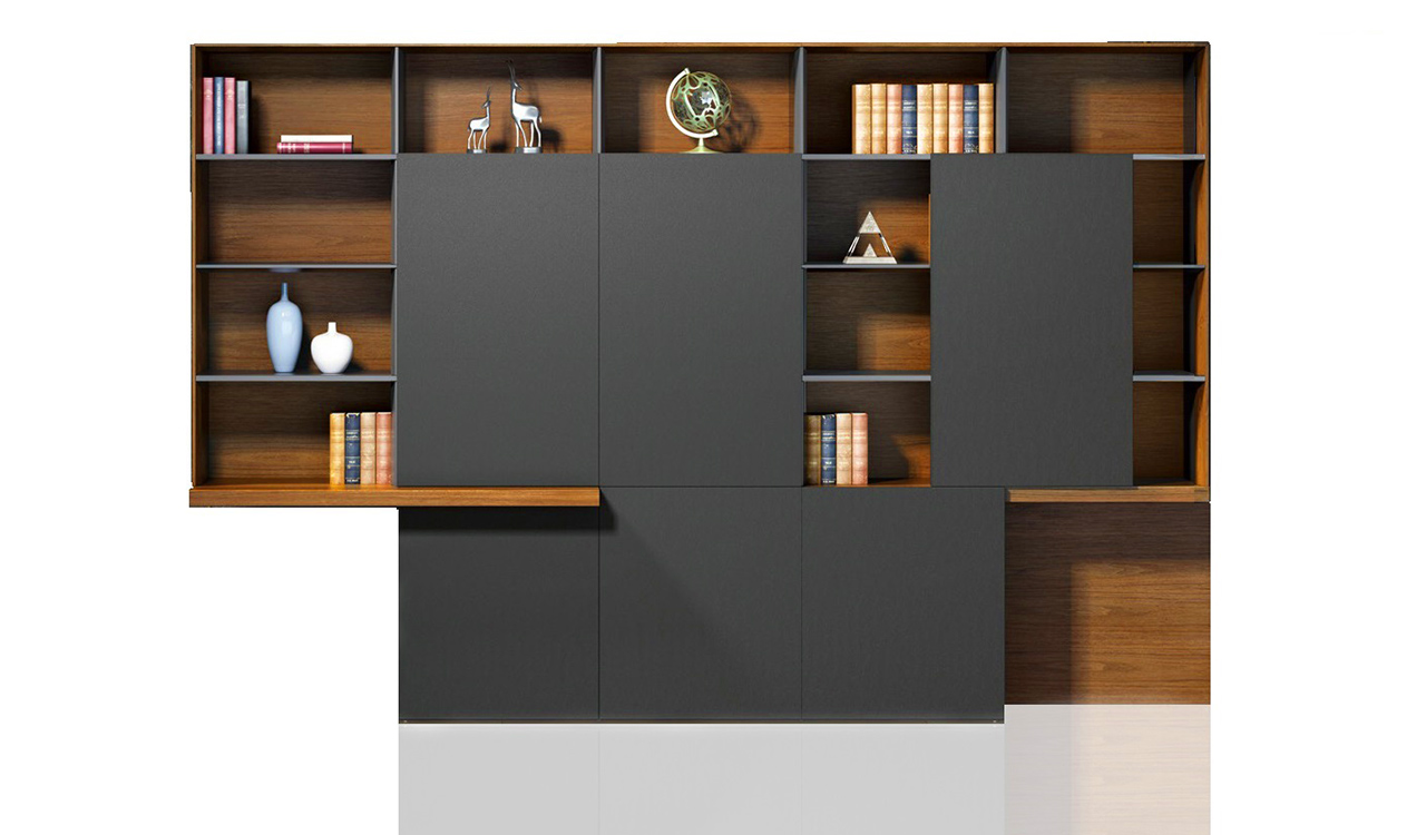 ‘Aulenti’ 11 Ft Display Cabinet In Walnut Veneer & Leather