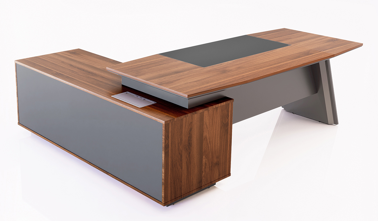‘Maxima’ 7 Feet Walnut & Leather Desk With Slanted Leg