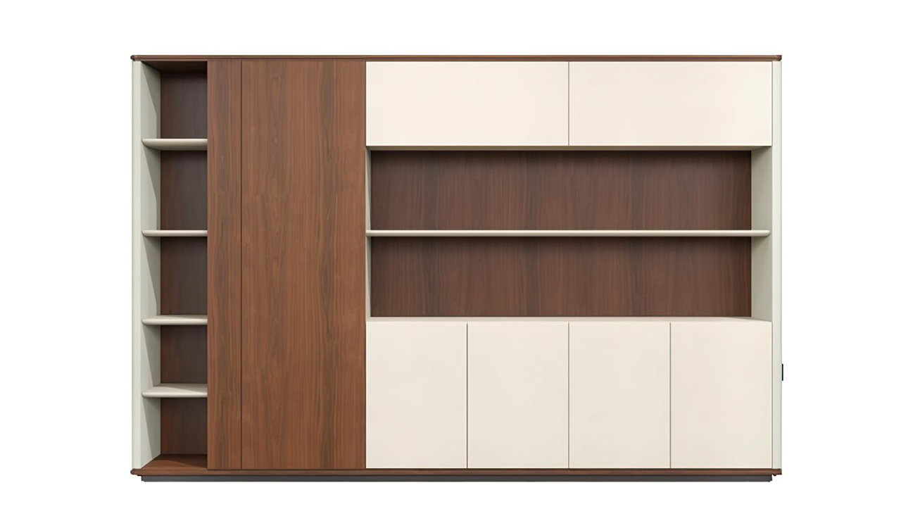 ‘Rodolfo’ 9.5 Feet Office Cabinet In Walnut & Leather