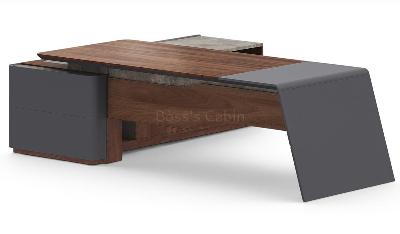 ‘Inspira’ 8.5 Feet Office Desk With Side Cabinet In Norica Walnut