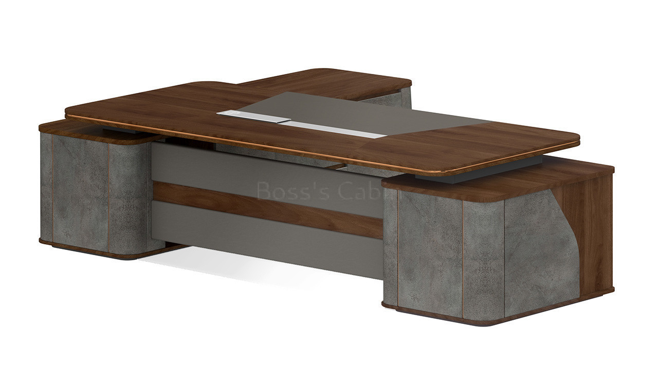 ‘Inspira Gold’ 7 Feet Office Table With Side Cabinet In Norica Walnut Finish