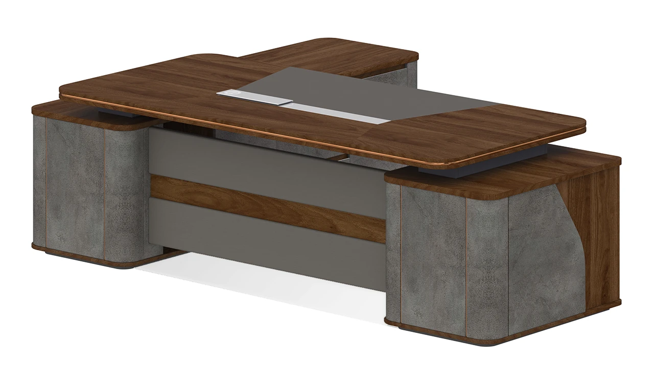 ‘Inspira Gold’ 7 Feet Office Table With Side Cabinet In Norica Walnut Finish