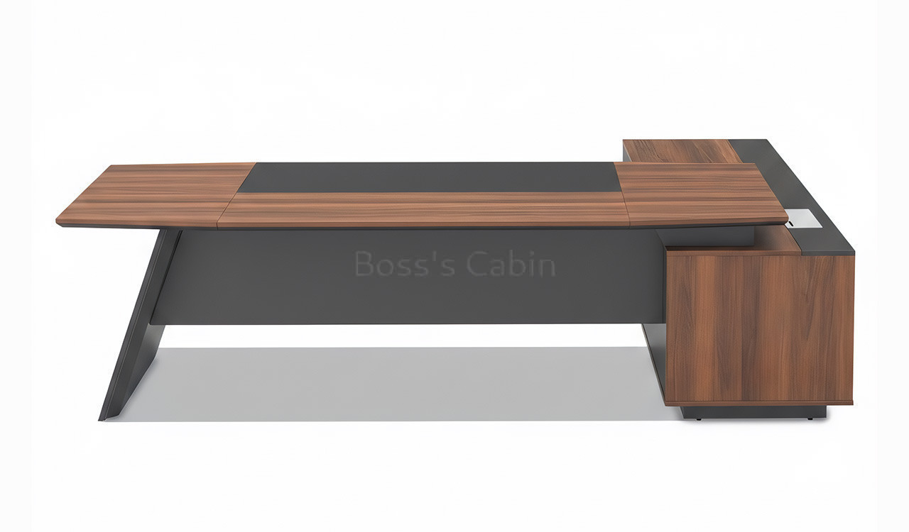 ‘Maxima’ 8.5 Feet Desk With Slanted Leg in FIelix Walnut & Leather