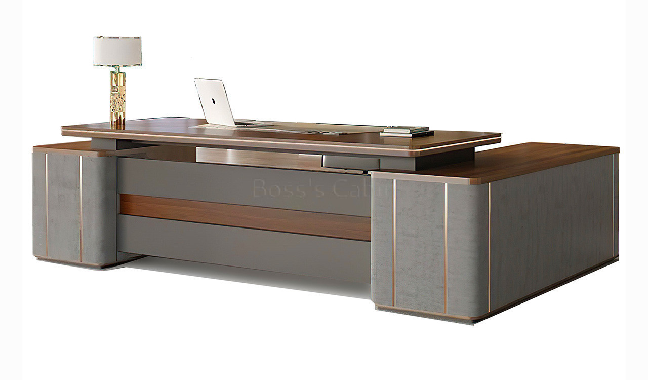 ‘Inspira Gold’ 8 Feet Office Table With Side Cabinet In Norica Walnut