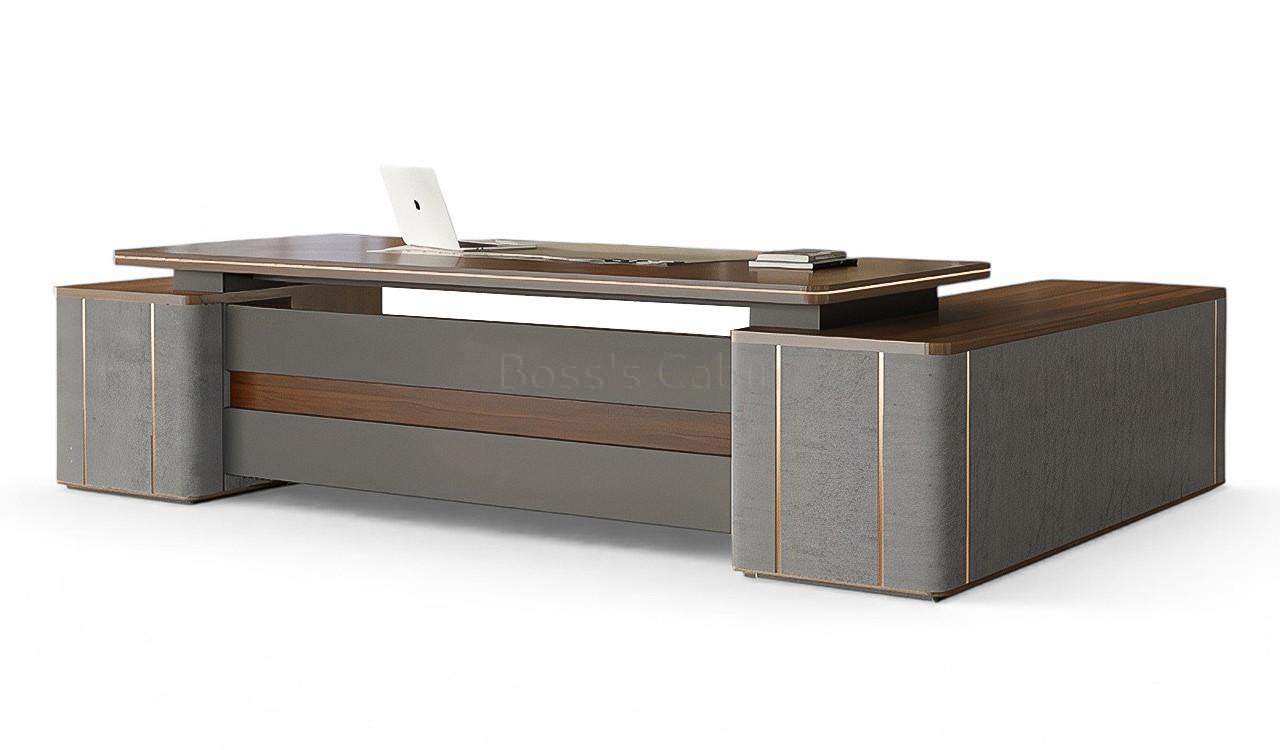 ‘Inspira Gold’ 8 Feet Office Table With Side Cabinet In Norica Walnut