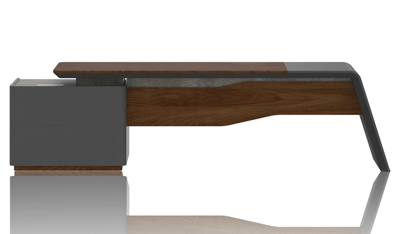 ‘Inspira’ 8.5 Feet Office Desk In Norica Walnut & Carbon Gray Finish