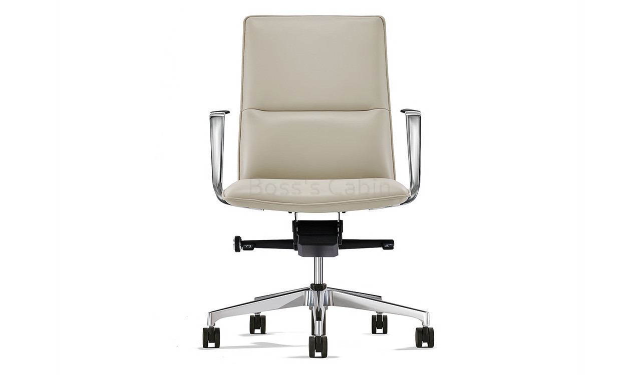 ‘Aulenti’ Mid Back Chair In Beige Leather With Aluminum Arms