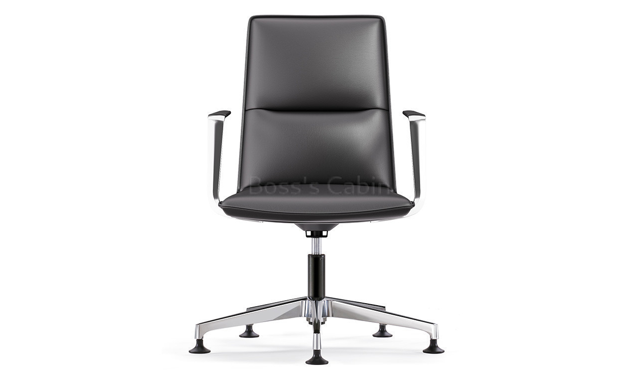 ‘Aulenti’ Fixed Base Chair In Black Leather With Aluminum Arms
