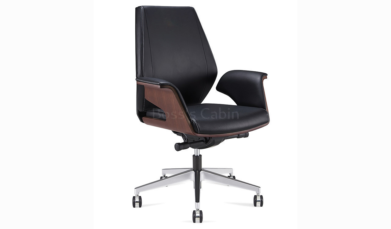 ‘Coupe’ Medium Back Office Chair In Black Leather & Walnut Armrests