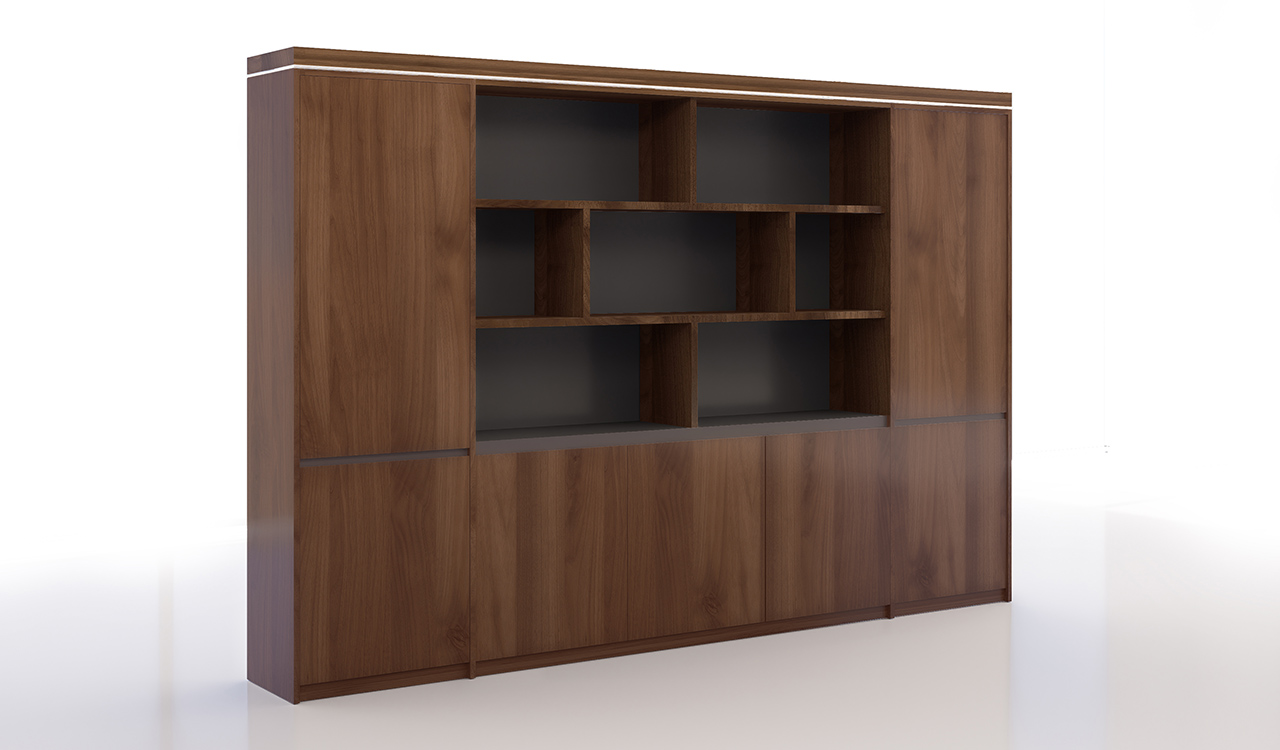 ‘Lexon’ 10 Feet Office Cabinet and Book Shelf In Walnut Veneer