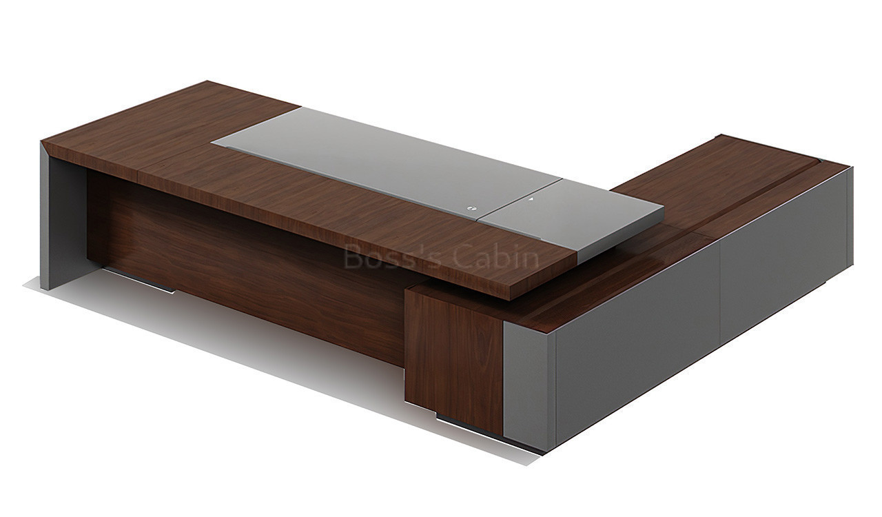 ‘Larry’ 11 Feet Office Desk In Mountain Grain Walnut Veneer & Leather