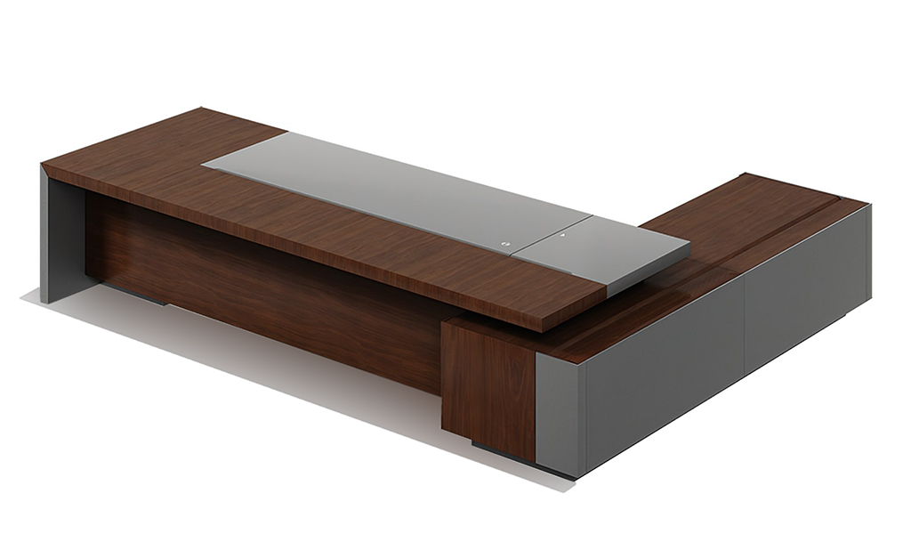 ‘Larry’ 11 Feet Office Desk In Mountain Grain Walnut Veneer & Leather