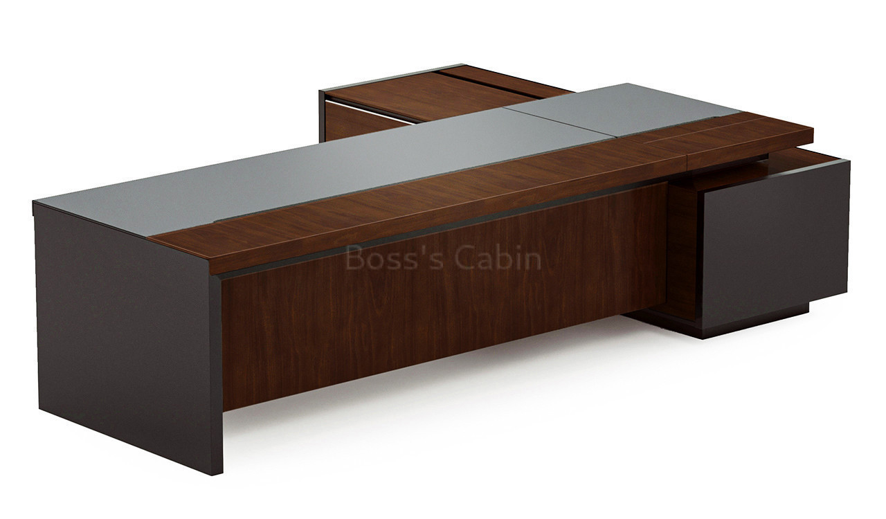 ‘Larry’ 9 Ft Office Desk In Mountain Grain Walnut Veneer & Leather