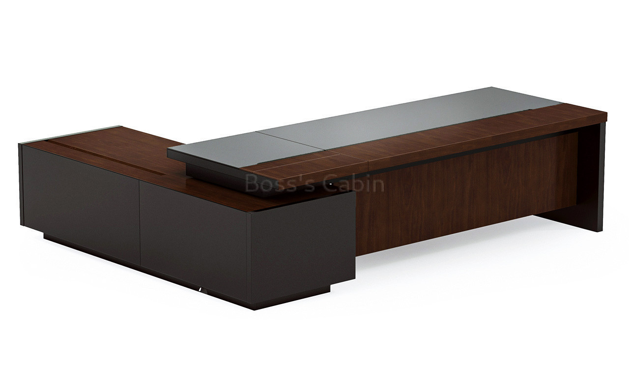 ‘Larry’ 10 Feet Office Desk In Mountain Grain Walnut & Leather