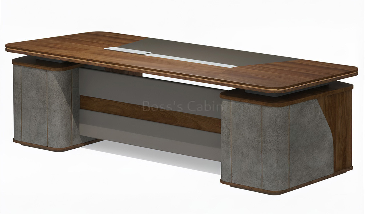 ‘Inspira Gold’ 6.5 Feet Office Table In Norica Walnut & Rock Gray Finish
