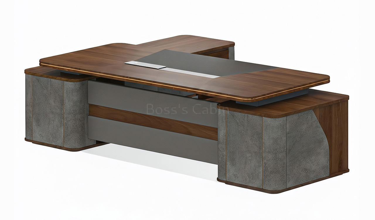 ‘Inspira Gold’ 7 Feet Office Table With Side Cabinet In Norica Walnut Finish
