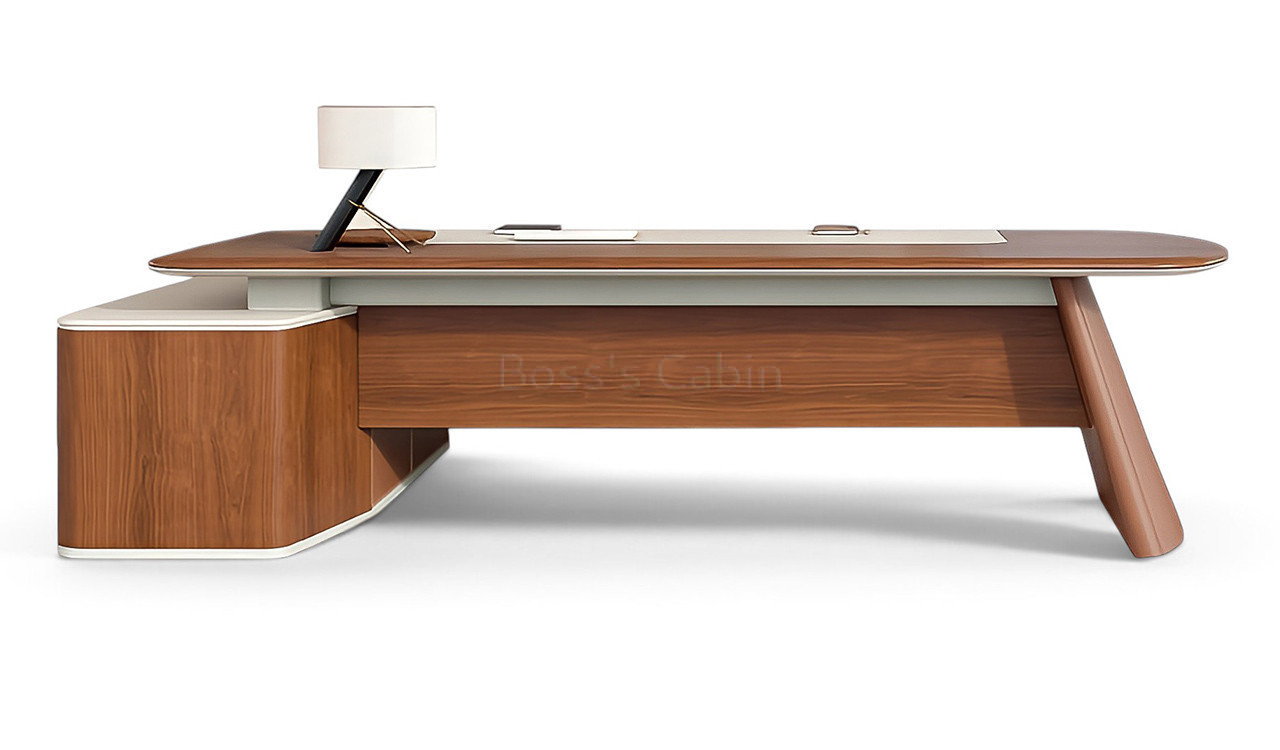 ‘Rodolfo’ 9 Feet Office Desk In Open Pore Walnut Veneer & Leather
