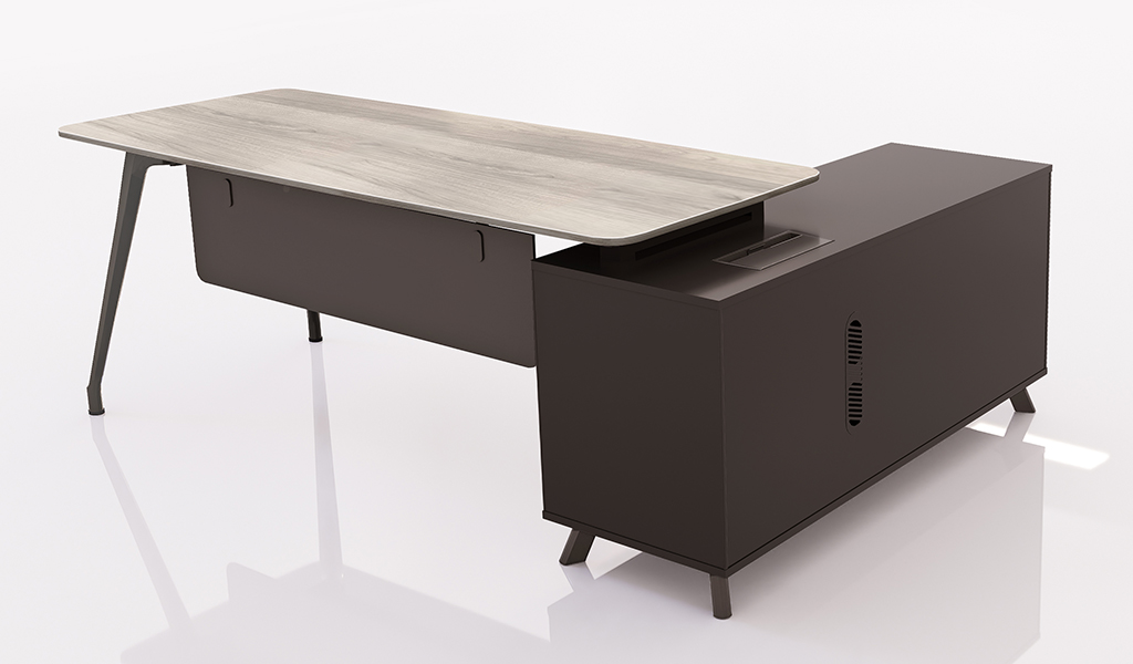 ‘Varna’ 6.5 Feet Office Desk With Side Cabinet In Gray Oak Finish