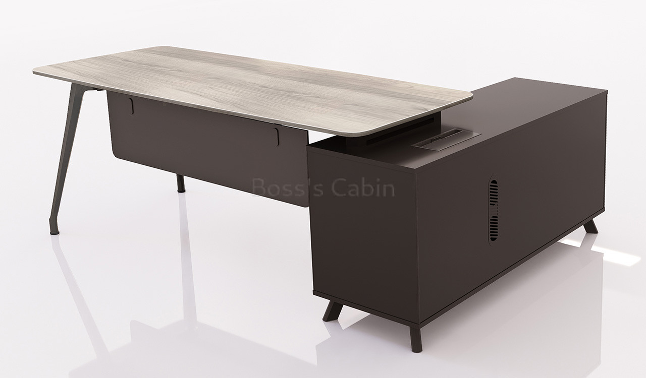‘Varna’ 6.5 Feet Office Desk With Side Cabinet In Gray Oak Finish
