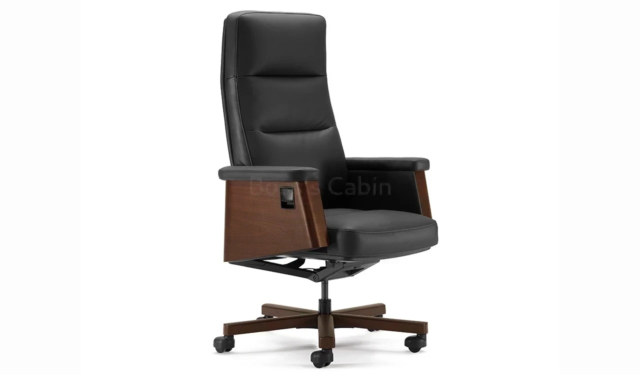 ‘Royale’ High Back Chair In Black Nappa Leather & Walnut Veneer