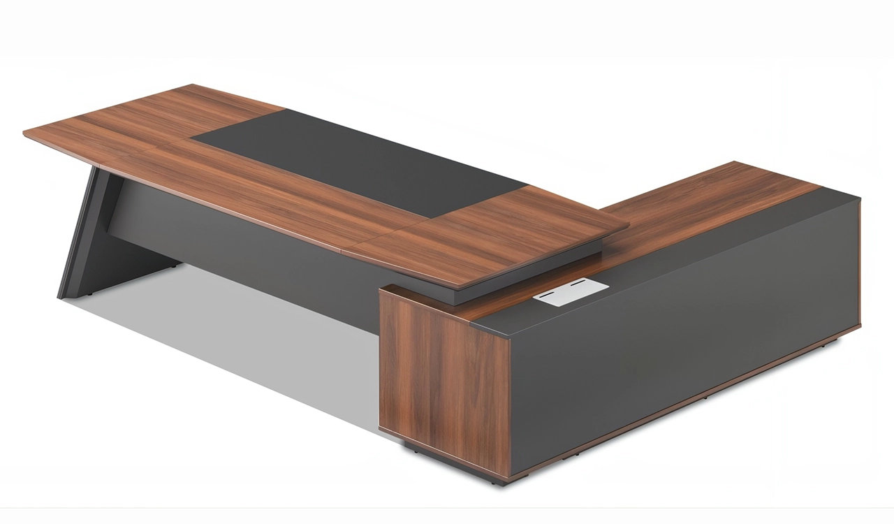 ‘Maxima’ 10 Feet Desk With Slanted Leg in FIelix Walnut & Leather