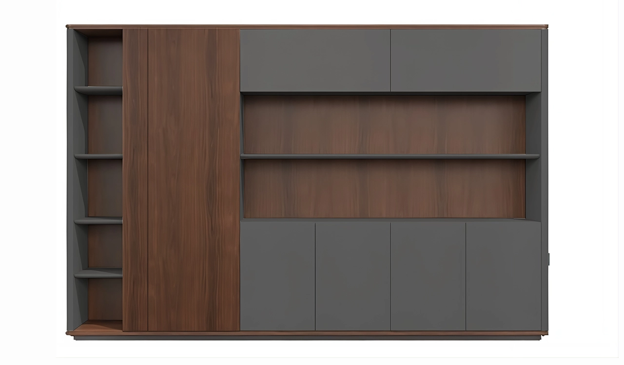 ‘Rodolfo’ 9.5 Ft Cabinet & Book Case In Dark Walnut Veneer & Leather