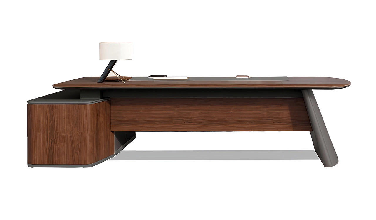 ‘Rodolfo’ 9 Feet Desk In Dark Open Pore Walnut Veneer & Leather