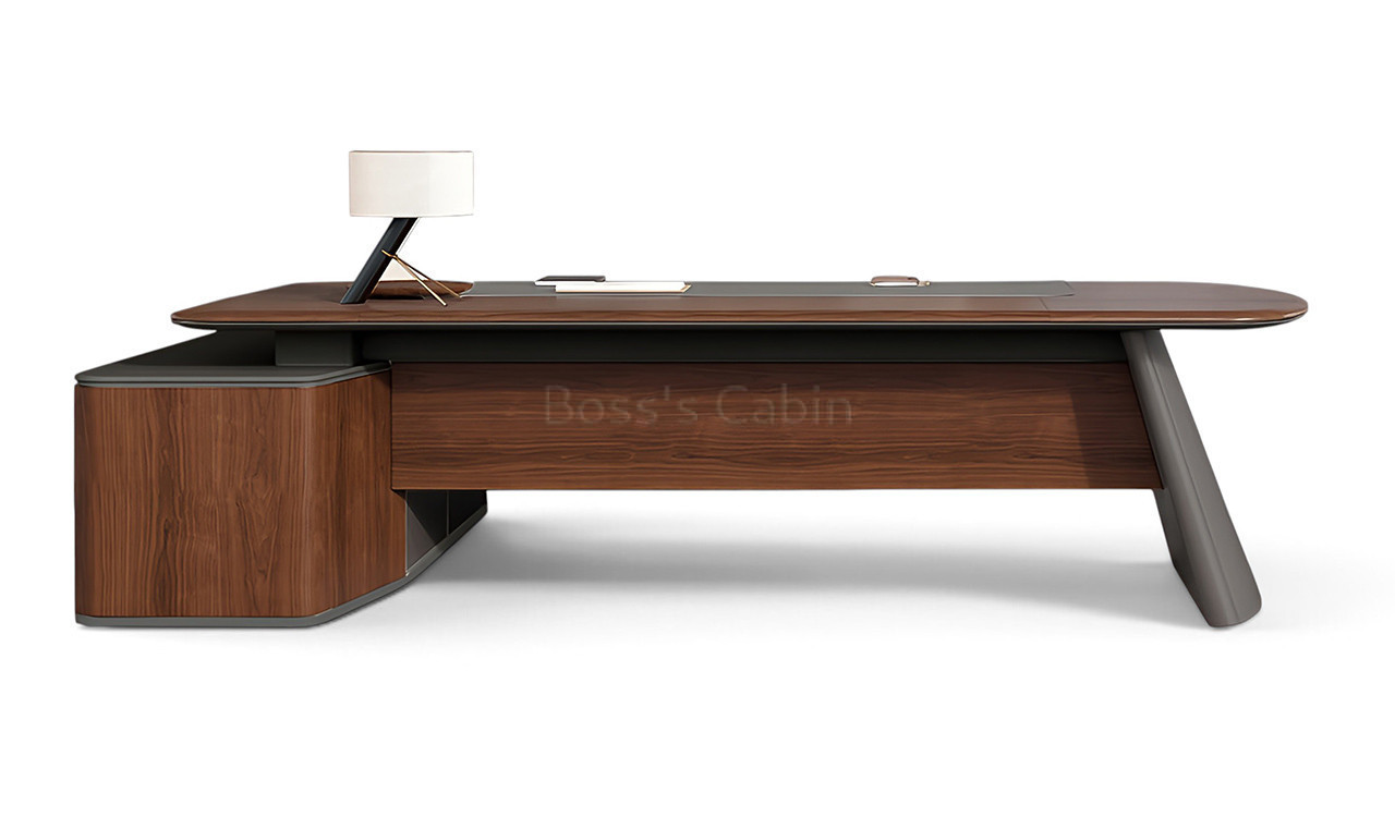 ‘Rodolfo’ 9 Feet Desk In Dark Open Pore Walnut Veneer & Leather