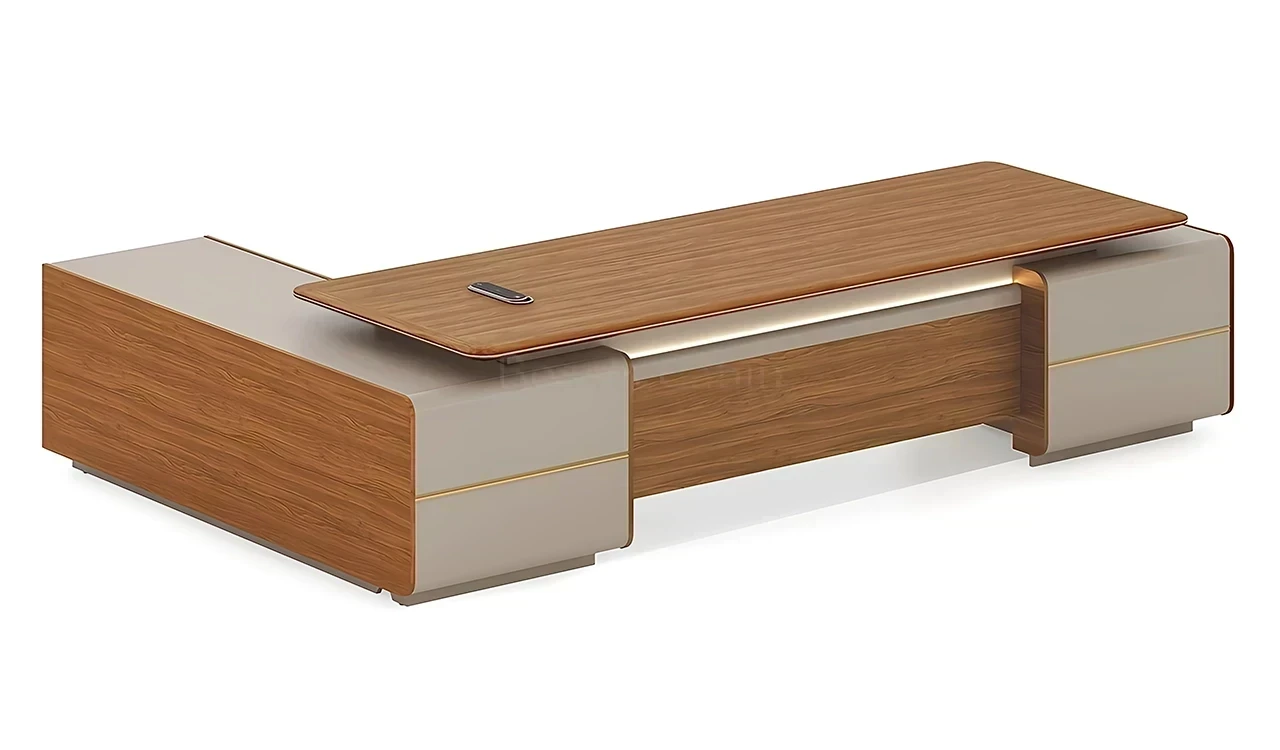 ‘Swan Neo’ 9 Feet Desk In Golden Sandal Wood & Seagull Gray