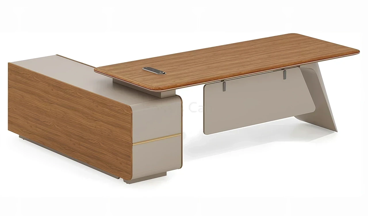 ‘Swan’ 8 Feet Desk In Golden Sandal Wood & Seagull Gray