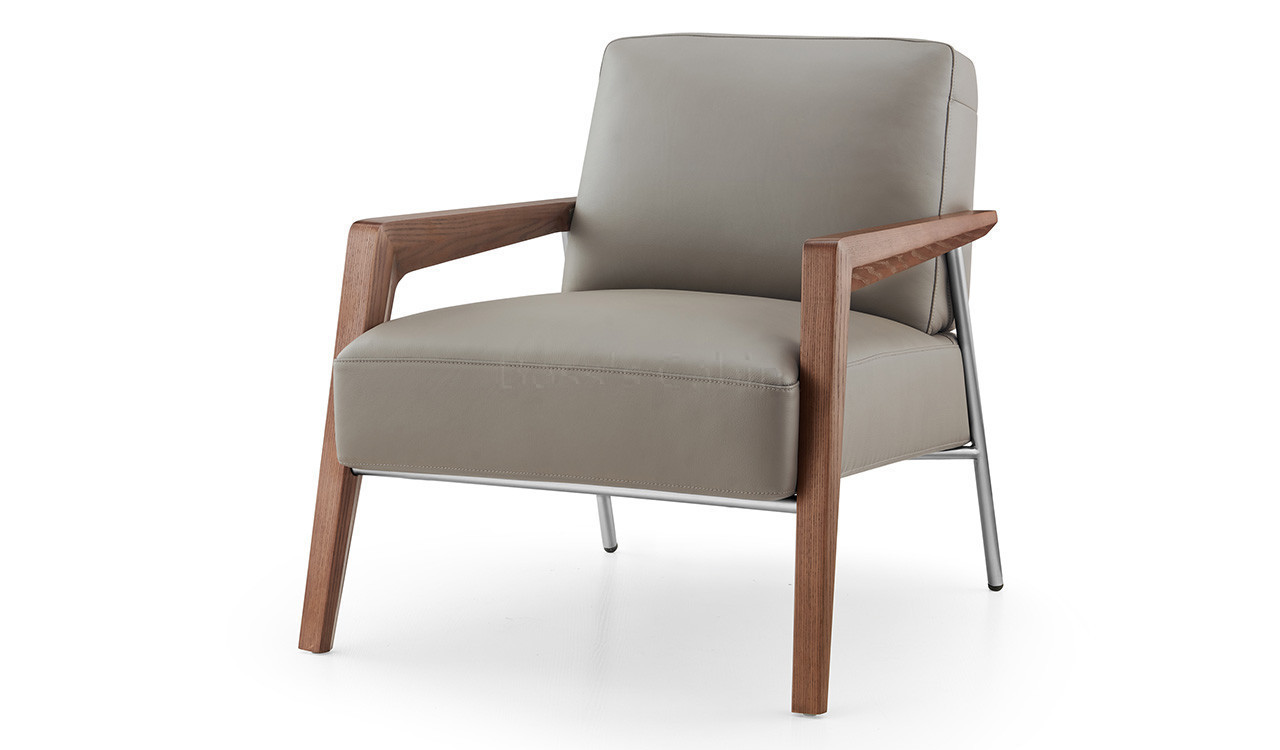 ‘Apex’ Lounge Chair With Italian Leather and Solid Wood Arms