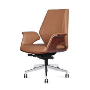 ‘Coupe’ Mid Back Tan Leather Chair with Walnut Veneer Arms