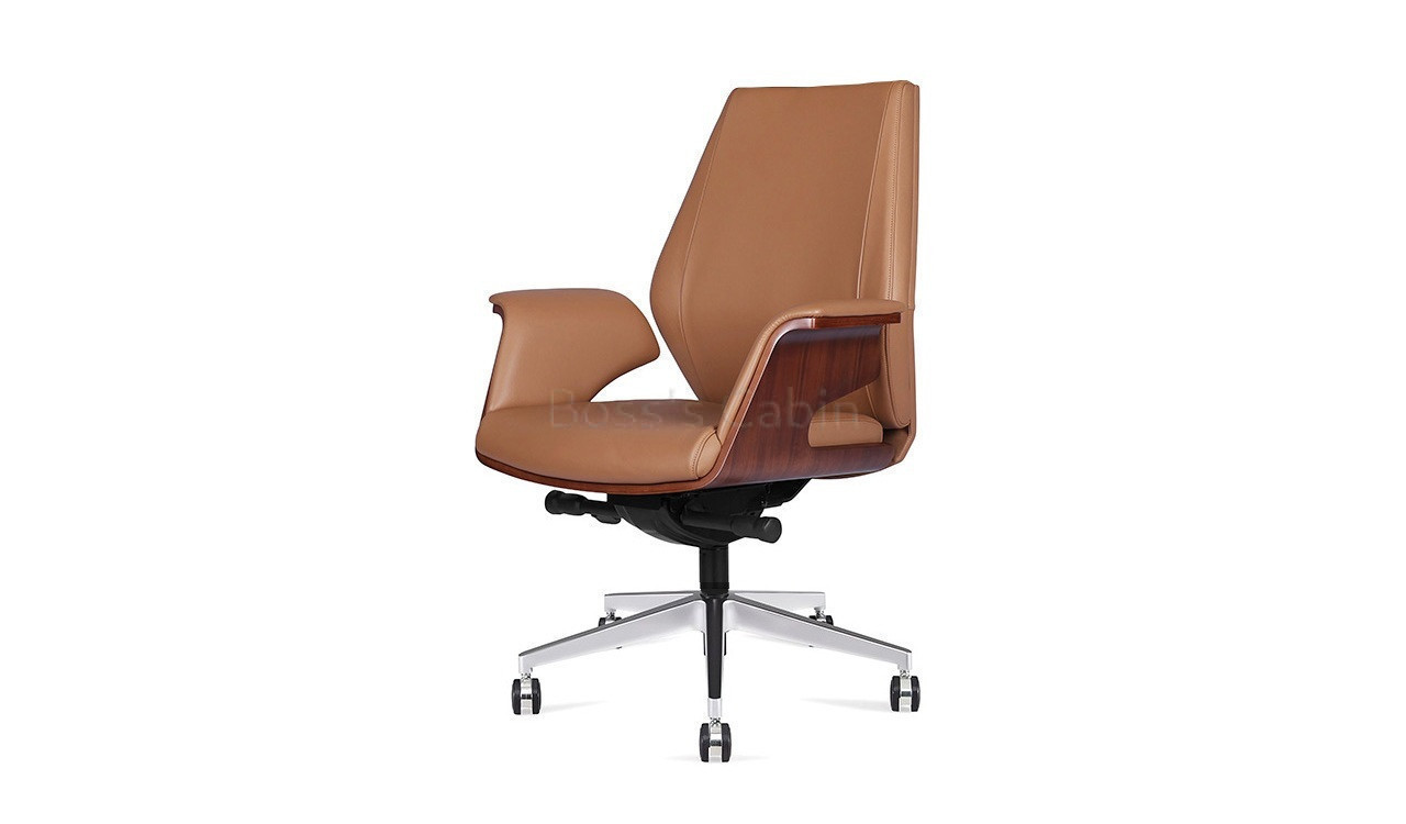 ‘Coupe’ Mid Back Tan Leather Chair with Walnut Veneer Arms